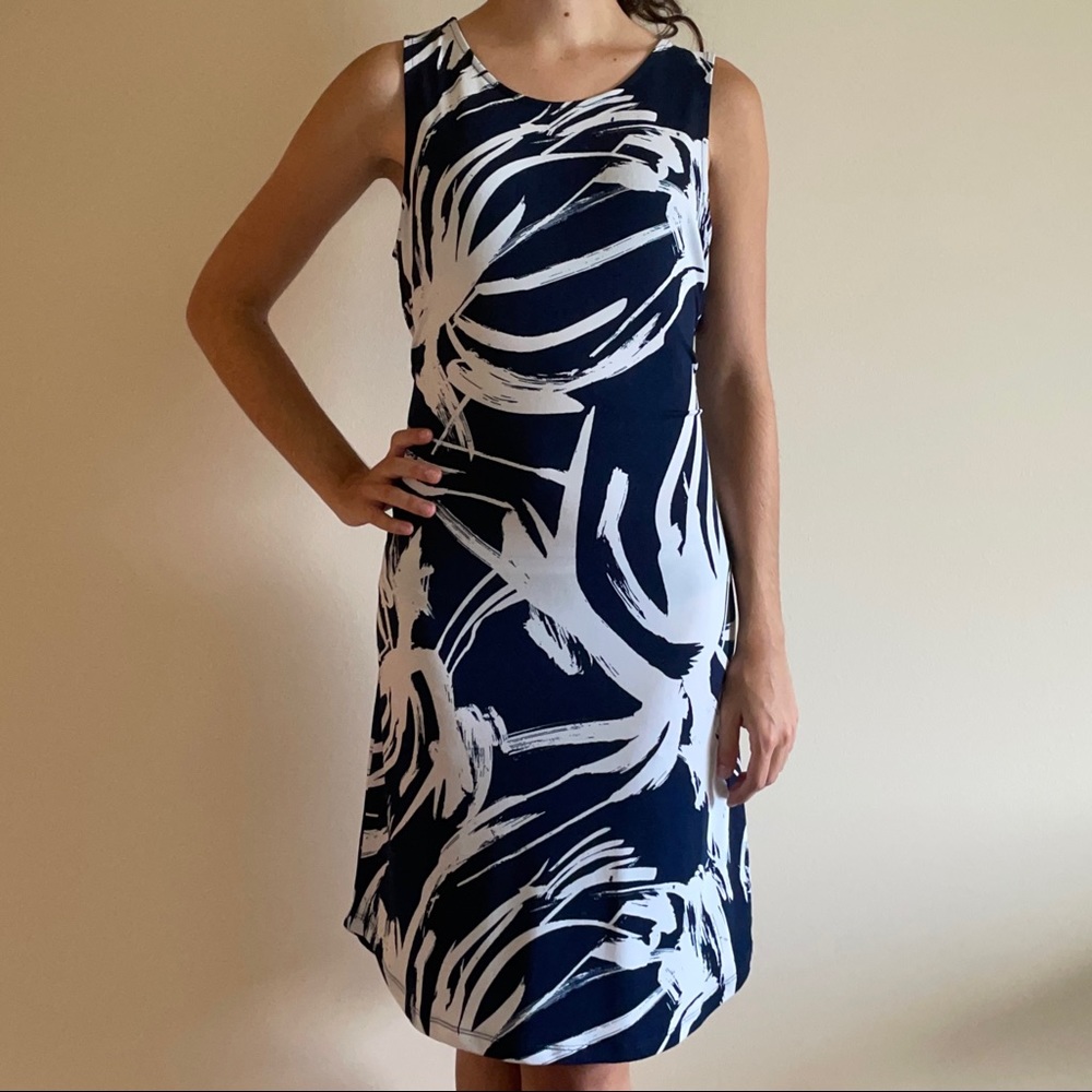 Banana Republic Navy Blue and White Patterned Midi Sun Dress